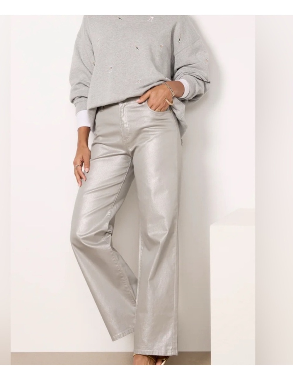 Kut from the Kloth "Miller" High Rise Metallic Wide-Leg Pants Metallic Gray SZ 4